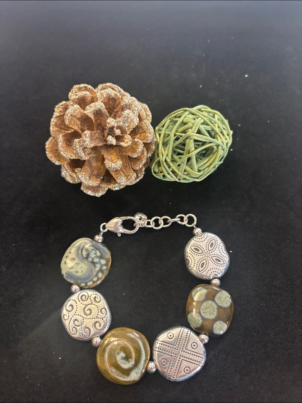 Brighton Olive Green & Silver Bead Bracelet